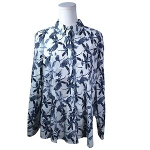 Foxcroft NYC Women 12 Relaxed Button Down Shirt Navy White Dragonfly Print Linen